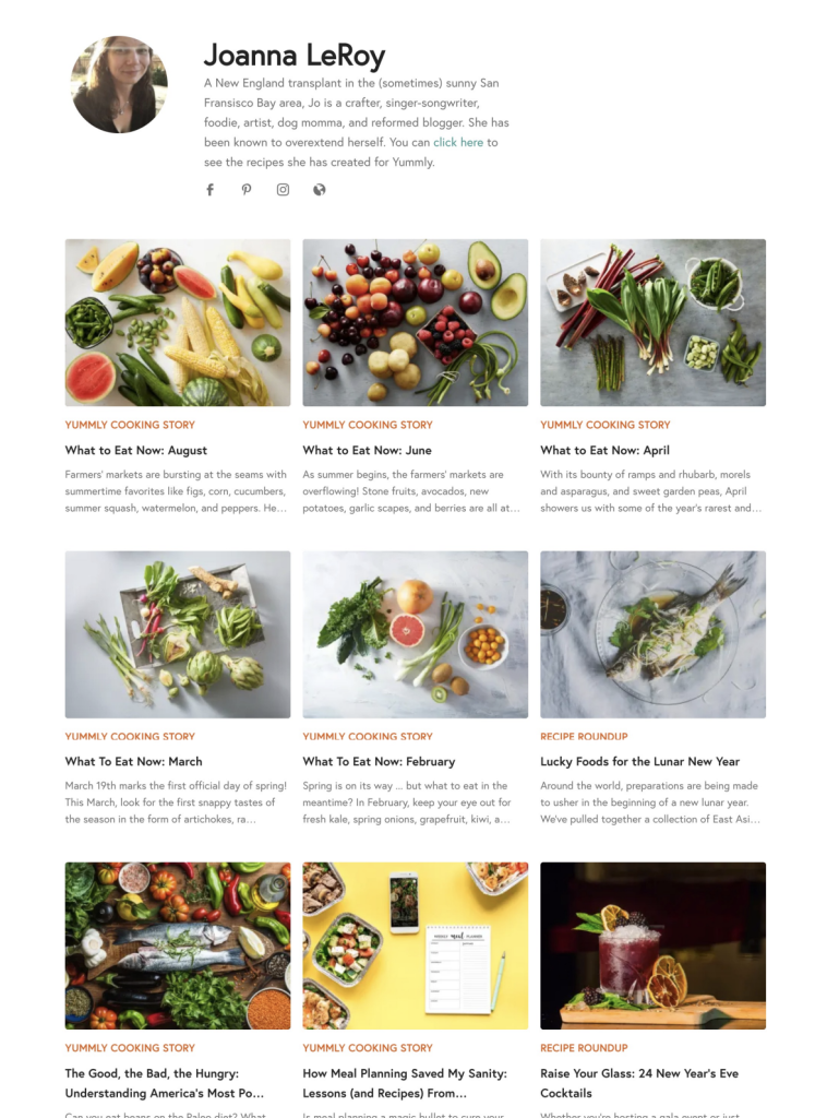 Screenshot of Joanna's author page on Yummly, with 9 featured articles shown below the author's bio.